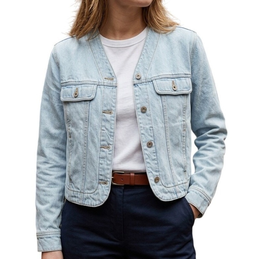 VTG Liz Claiborne V-Neck Light Blue Denim‎ Jacket Button Front Size Medium